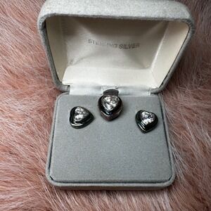 VTG Sterling Silver Heart Cubic Zirconia Earrings Studs & Pendant Sears Jewelry‎